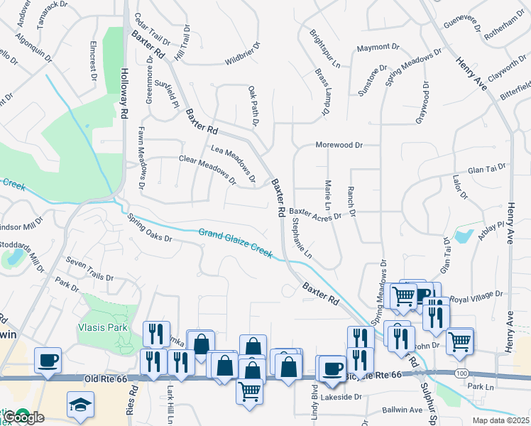 map of restaurants, bars, coffee shops, grocery stores, and more near 108 Deer Meadows Court in Ballwin