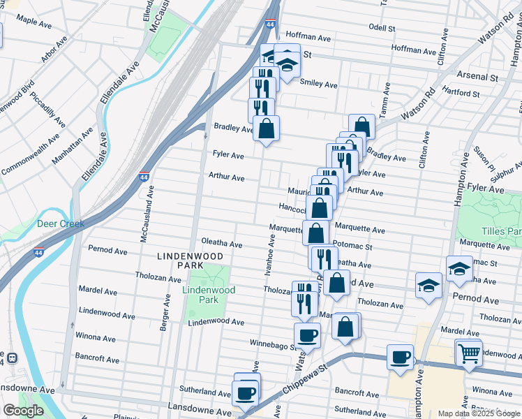 map of restaurants, bars, coffee shops, grocery stores, and more near 3445 Ivanhoe Avenue in St. Louis