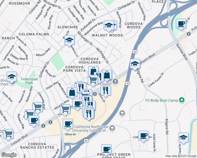 map of restaurants, bars, coffee shops, grocery stores, and more near 10816 Scotsman Way in Rancho Cordova