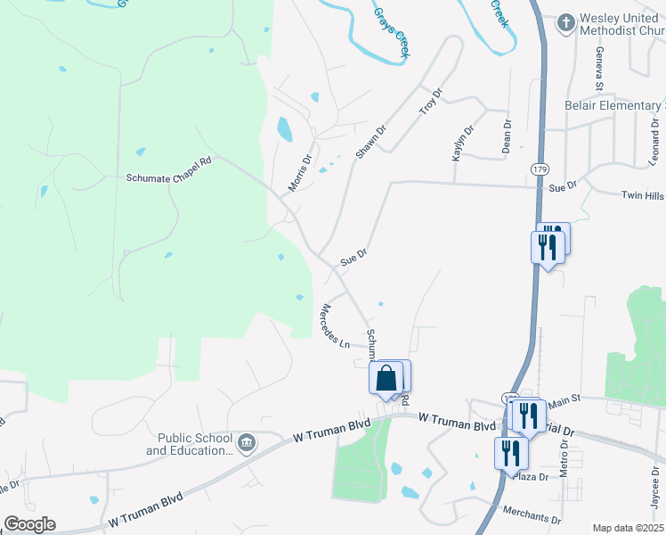 map of restaurants, bars, coffee shops, grocery stores, and more near 501 Sue Drive in Jefferson City