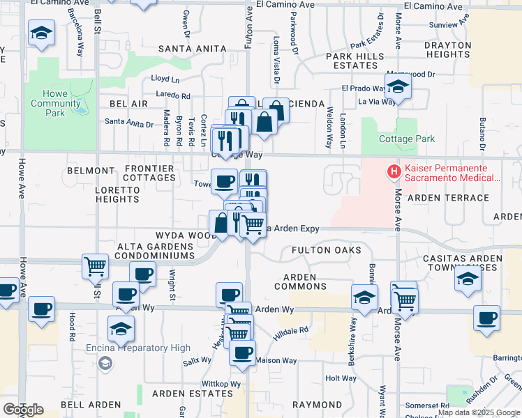 map of restaurants, bars, coffee shops, grocery stores, and more near 2600 Juniper Lane in Sacramento