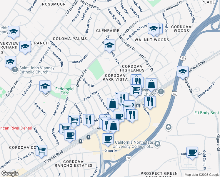 map of restaurants, bars, coffee shops, grocery stores, and more near 2600 Don Juan Drive in Rancho Cordova