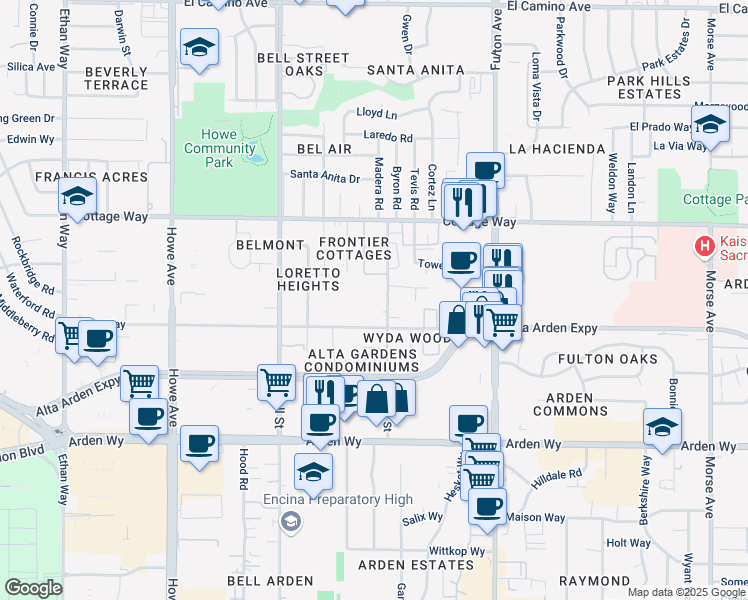 map of restaurants, bars, coffee shops, grocery stores, and more near 1935 Wright Street in Sacramento