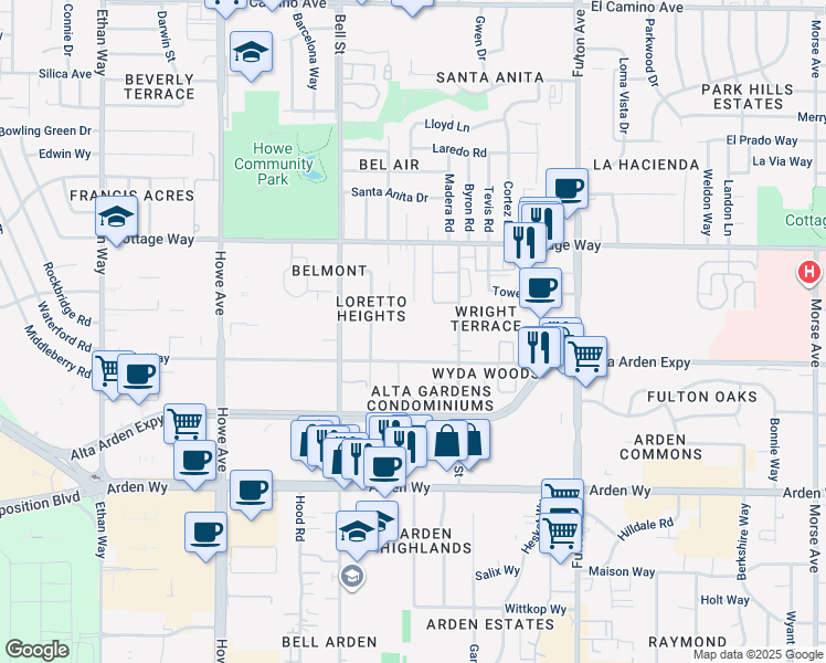 map of restaurants, bars, coffee shops, grocery stores, and more near 2351 Wyda Way in Sacramento