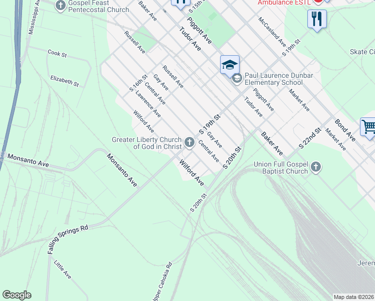 map of restaurants, bars, coffee shops, grocery stores, and more near 1401 South 19th Street in East St. Louis