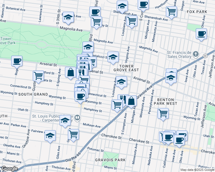 map of restaurants, bars, coffee shops, grocery stores, and more near 3405 Hartford Street in St. Louis