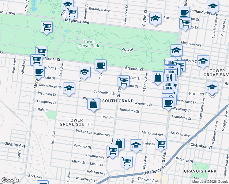 map of restaurants, bars, coffee shops, grocery stores, and more near 3915 Connecticut Street in St. Louis