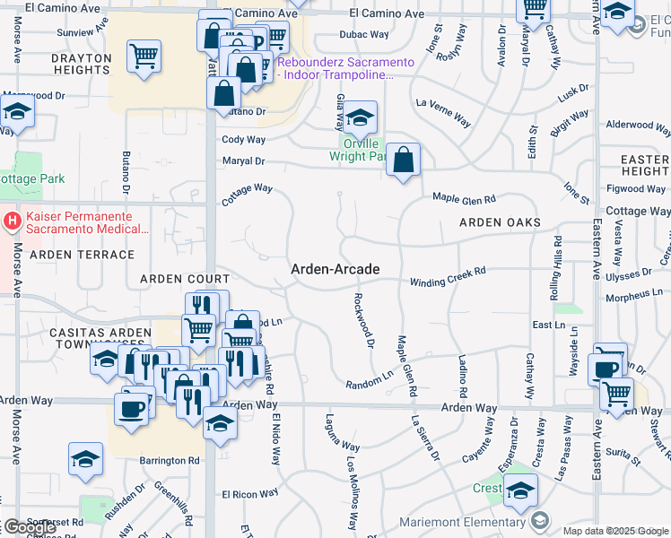 map of restaurants, bars, coffee shops, grocery stores, and more near in Arden-Arcade