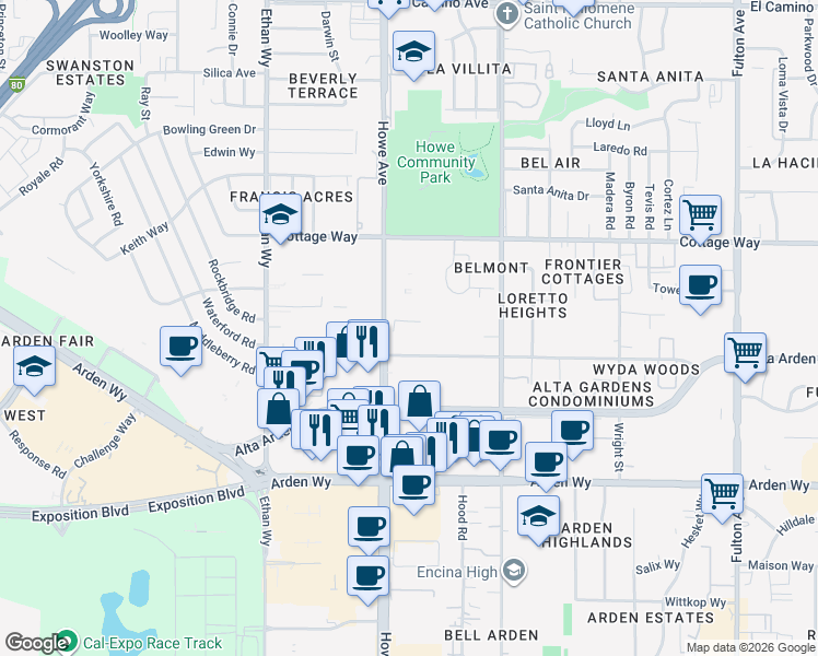 map of restaurants, bars, coffee shops, grocery stores, and more near 1940 Howe Avenue in Sacramento