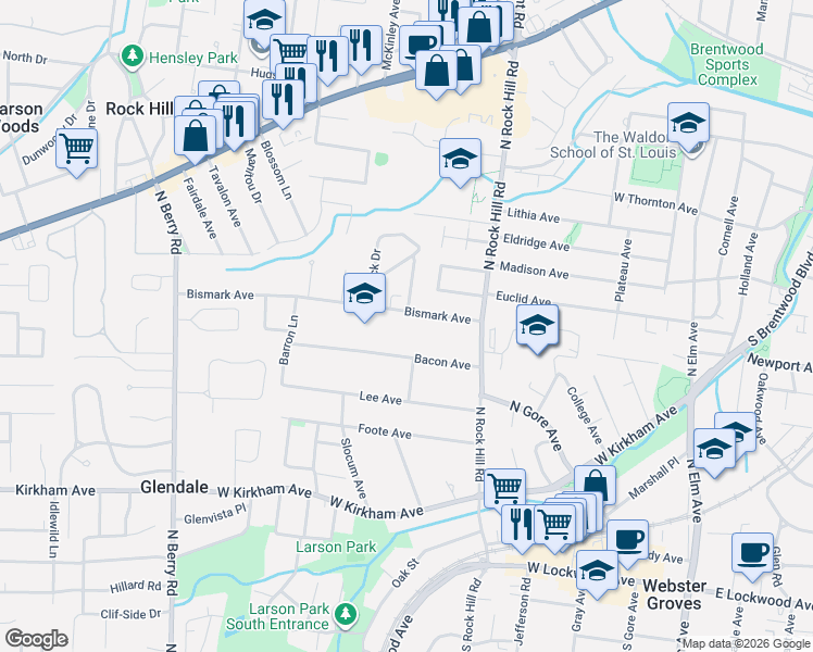 map of restaurants, bars, coffee shops, grocery stores, and more near 448 Bismark Avenue in Webster Groves