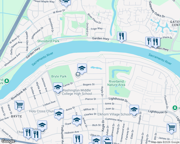 map of restaurants, bars, coffee shops, grocery stores, and more near 1034 Waterford Drive in West Sacramento