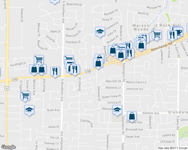 map of restaurants, bars, coffee shops, grocery stores, and more near 655 Tarrymore Lane in Kirkwood