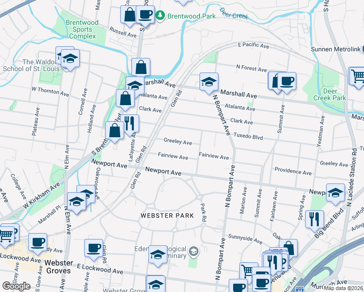 map of restaurants, bars, coffee shops, grocery stores, and more near 500 Greeley Avenue in Webster Groves