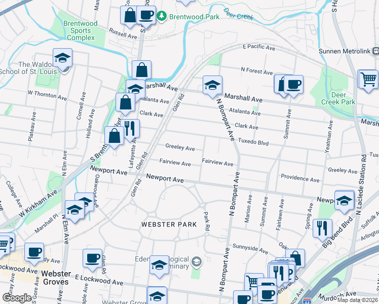 map of restaurants, bars, coffee shops, grocery stores, and more near 500 Greeley Avenue in Webster Groves