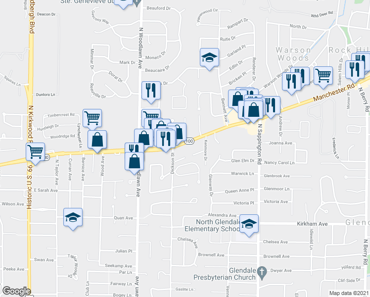 map of restaurants, bars, coffee shops, grocery stores, and more near 10160 Manchester Rd in Kirkwood