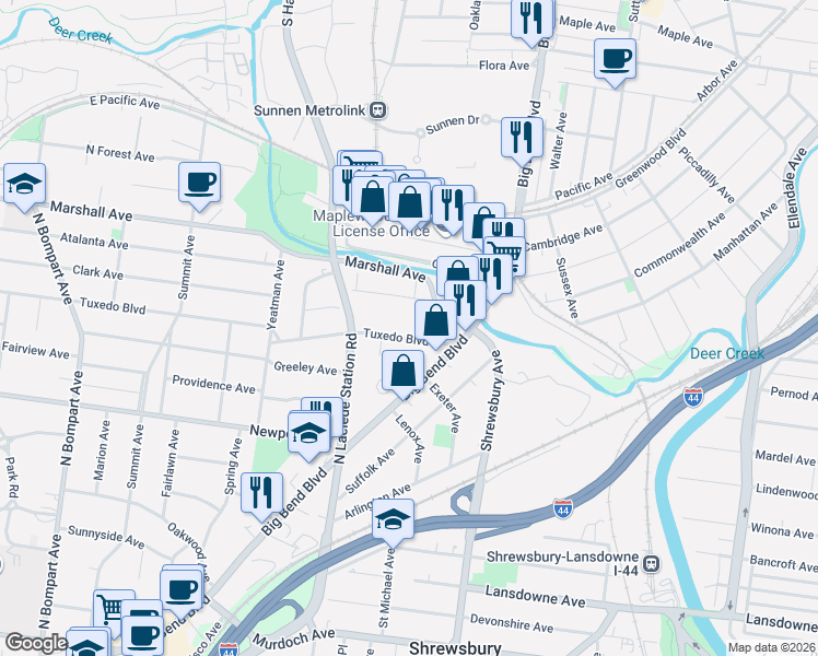 map of restaurants, bars, coffee shops, grocery stores, and more near 710 Key West Avenue in Webster Groves