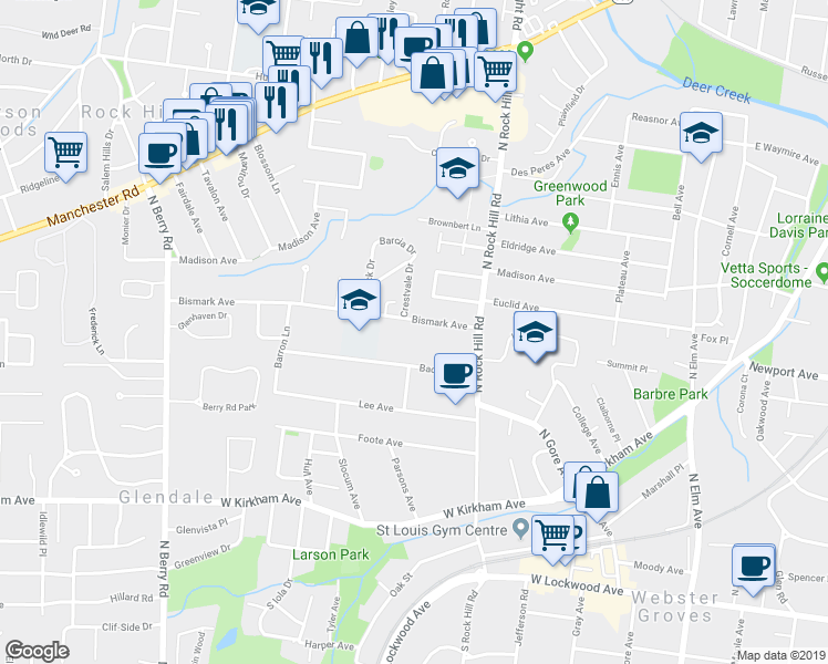 map of restaurants, bars, coffee shops, grocery stores, and more near 448 Bismark Avenue in Webster Groves