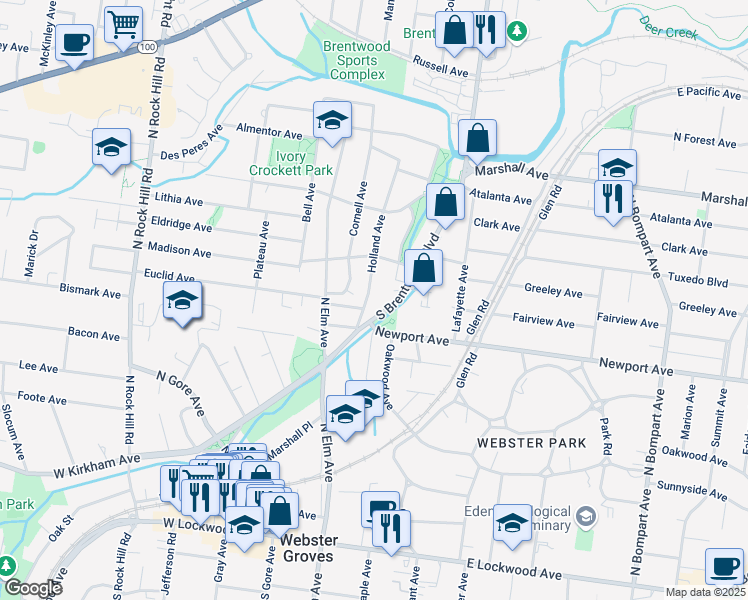 map of restaurants, bars, coffee shops, grocery stores, and more near 3255 South Brentwood Boulevard in St. Louis