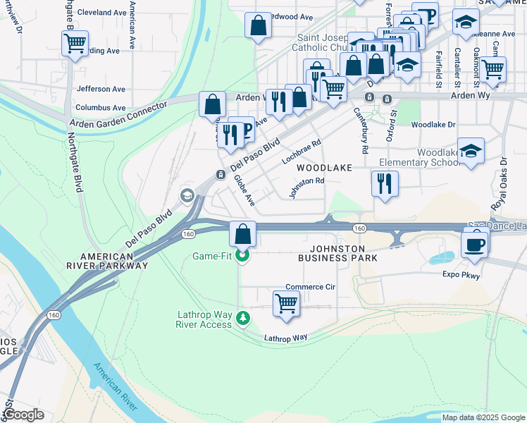 map of restaurants, bars, coffee shops, grocery stores, and more near 145 Globe Avenue in Sacramento