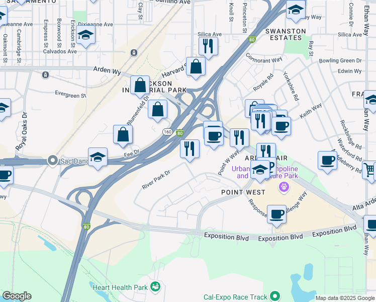 map of restaurants, bars, coffee shops, grocery stores, and more near 1545 River Park Drive in Sacramento