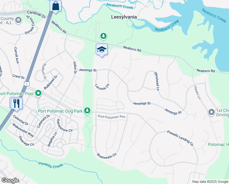 map of restaurants, bars, coffee shops, grocery stores, and more near 16042 Macedonia Drive in Woodbridge