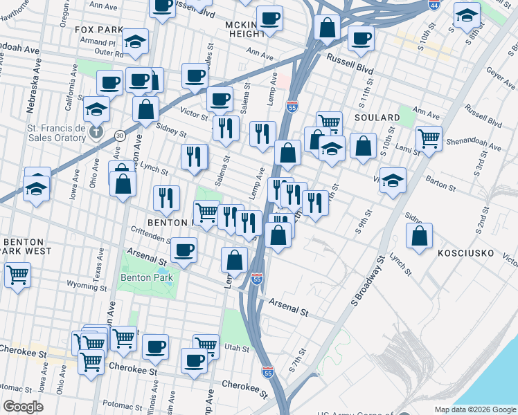 map of restaurants, bars, coffee shops, grocery stores, and more near Lynch Street in St. Louis