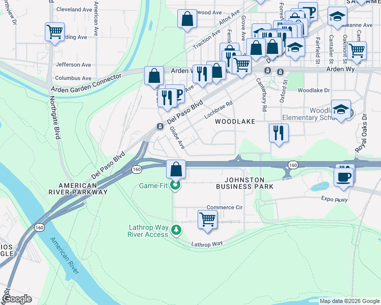 map of restaurants, bars, coffee shops, grocery stores, and more near 145 Globe Avenue in Sacramento