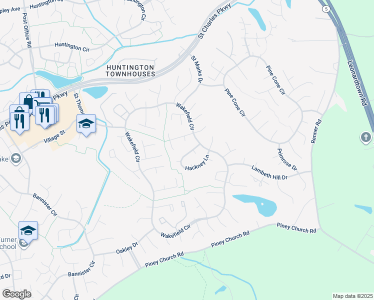 map of restaurants, bars, coffee shops, grocery stores, and more near 2807 Hackney Lane in Waldorf
