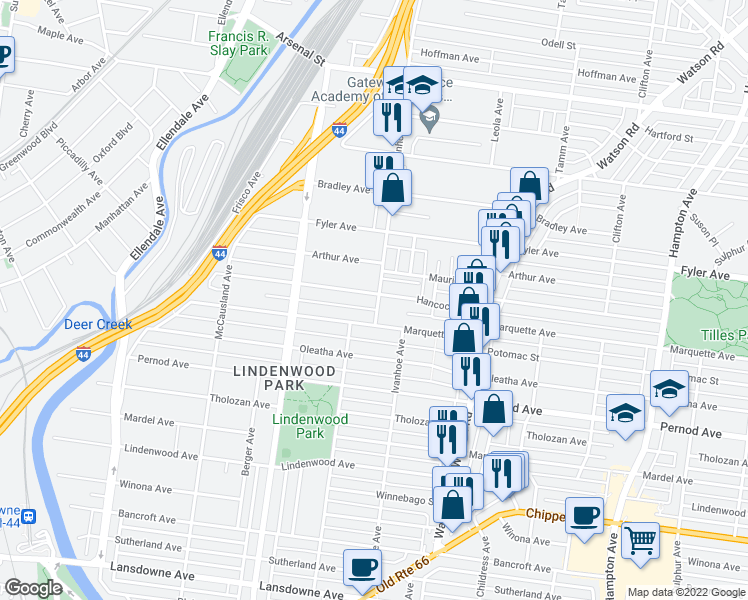 map of restaurants, bars, coffee shops, grocery stores, and more near 3445 Ivanhoe Avenue in St. Louis