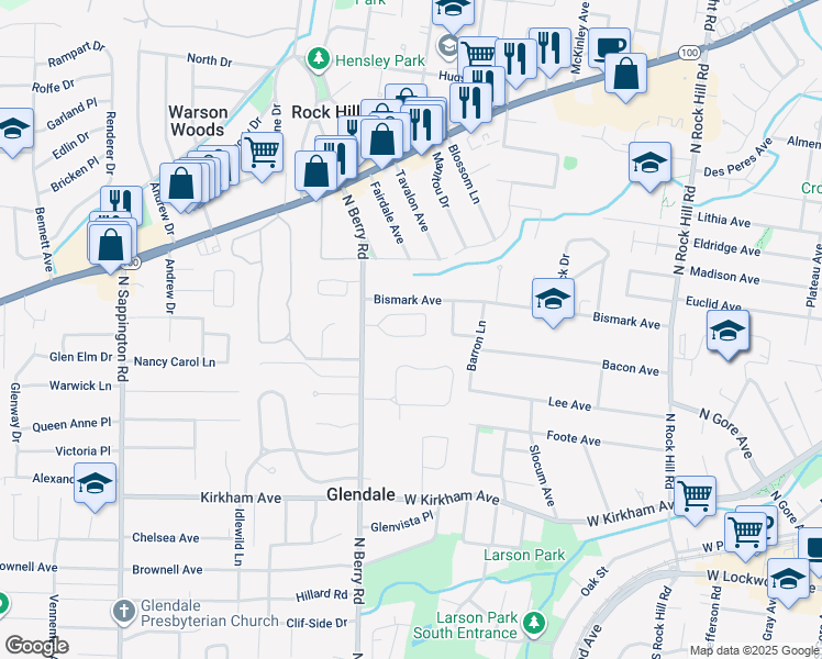 map of restaurants, bars, coffee shops, grocery stores, and more near 15 Glenhaven Drive in St. Louis