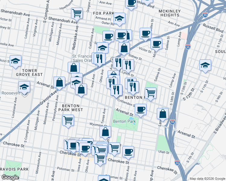 map of restaurants, bars, coffee shops, grocery stores, and more near 2910 Texas Avenue in St. Louis