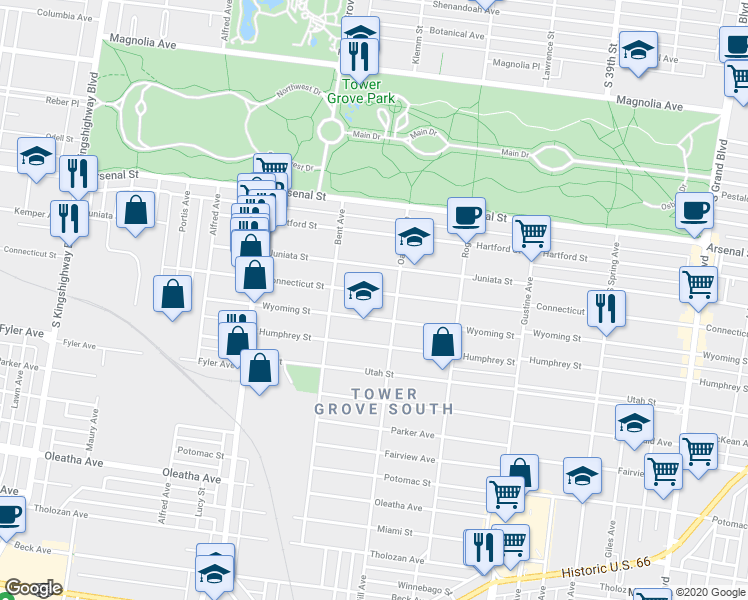 map of restaurants, bars, coffee shops, grocery stores, and more near 4124 Connecticut Street in St. Louis