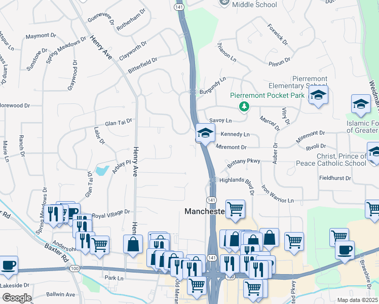 map of restaurants, bars, coffee shops, grocery stores, and more near 3 Topwood Drive in Ballwin