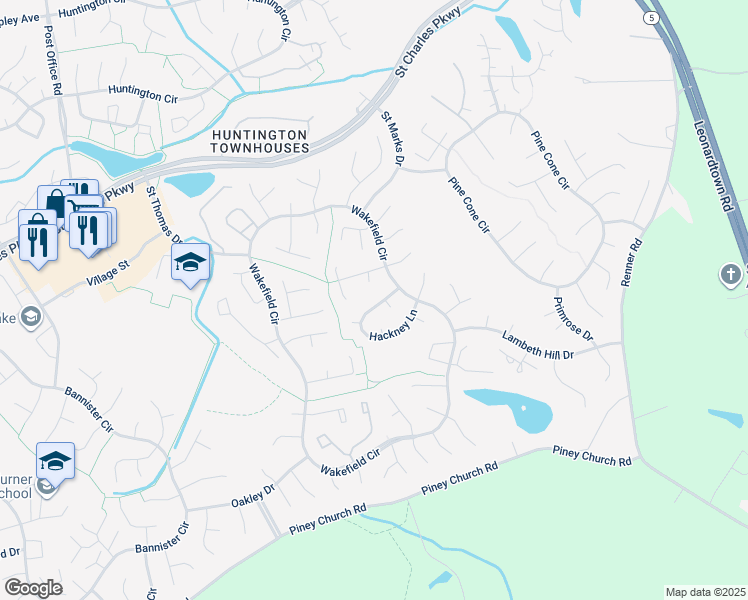 map of restaurants, bars, coffee shops, grocery stores, and more near 2807 Hackney Lane in Waldorf