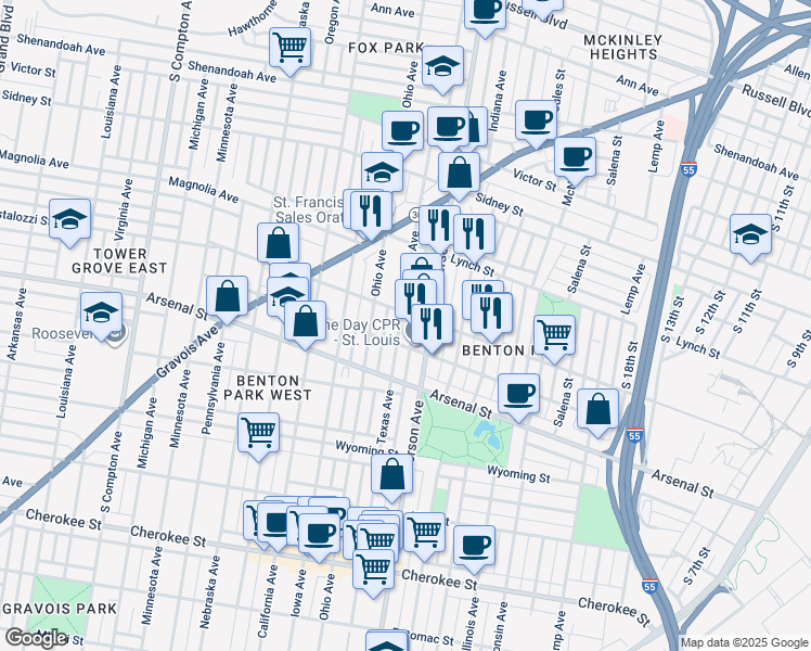 map of restaurants, bars, coffee shops, grocery stores, and more near 2910 Texas Avenue in St. Louis