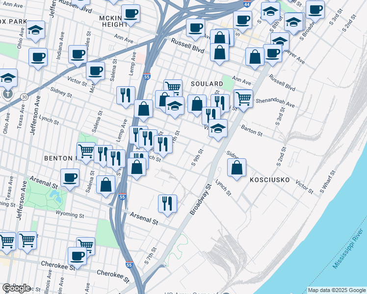 map of restaurants, bars, coffee shops, grocery stores, and more near 2615 South 10th Street in St. Louis
