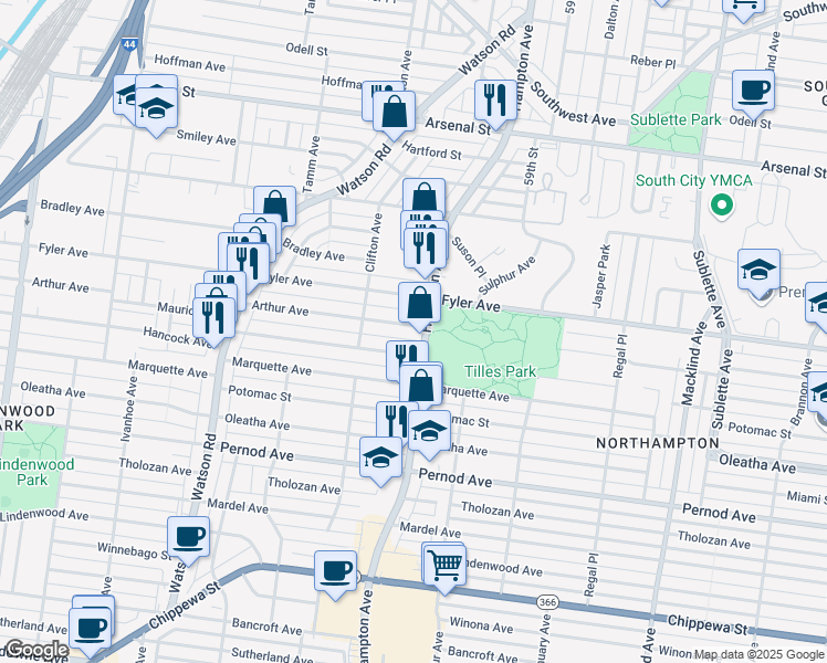 map of restaurants, bars, coffee shops, grocery stores, and more near 6010 Arthur Avenue in St. Louis