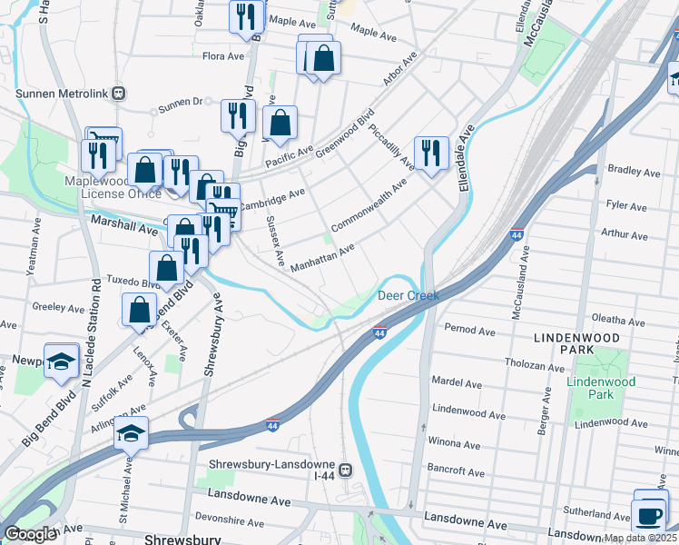 map of restaurants, bars, coffee shops, grocery stores, and more near 7142 Kensington Avenue in Maplewood