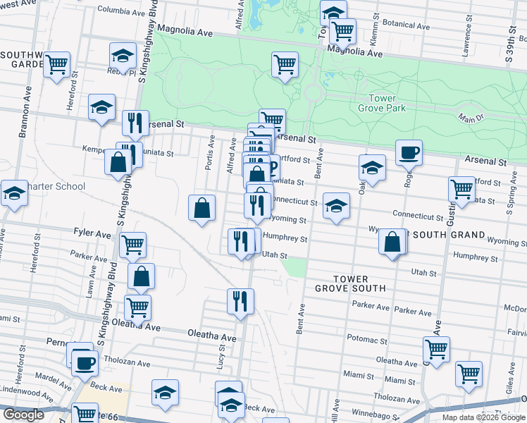 map of restaurants, bars, coffee shops, grocery stores, and more near 4273 Wyoming Street in St. Louis