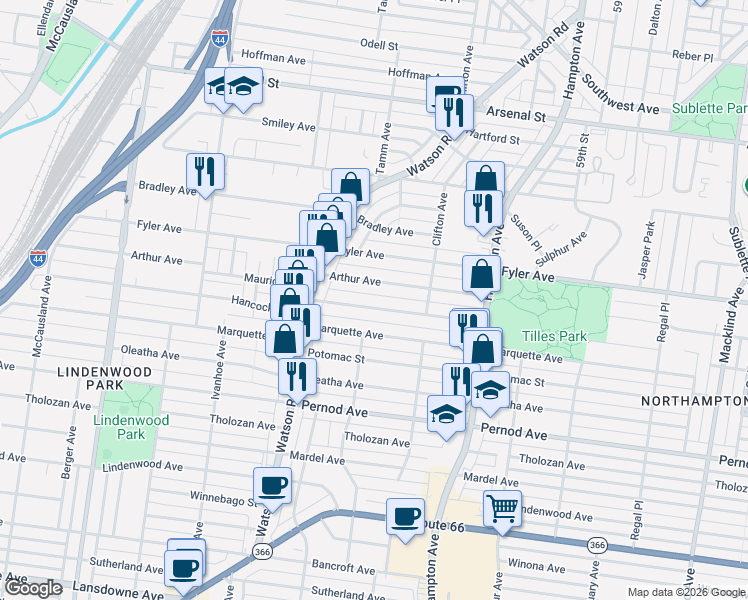 map of restaurants, bars, coffee shops, grocery stores, and more near 6333 Hancock Ave in St Louis