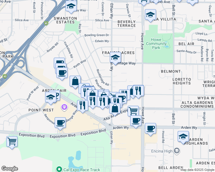 map of restaurants, bars, coffee shops, grocery stores, and more near 1905 Rockbridge Road in Sacramento