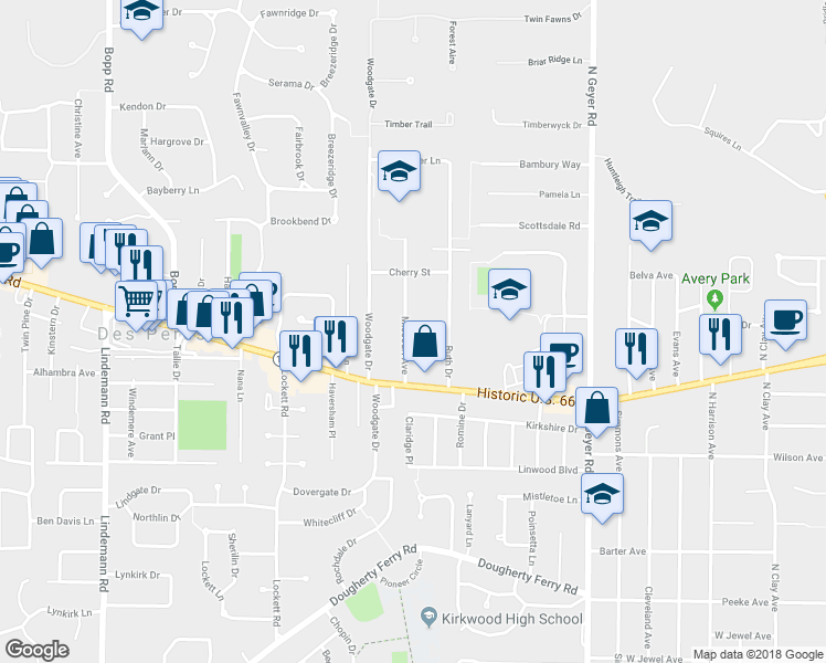 map of restaurants, bars, coffee shops, grocery stores, and more near 1144 Missouri Avenue in Kirkwood