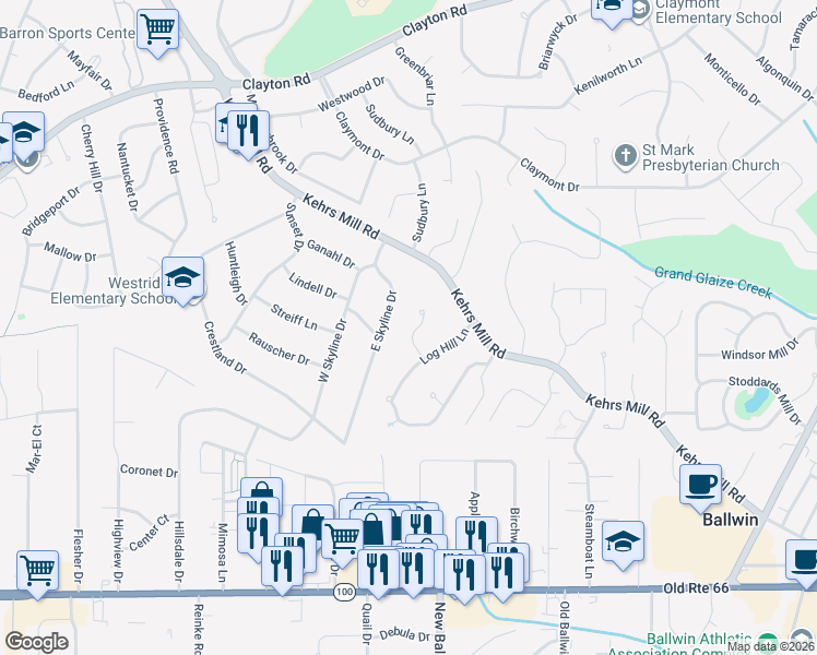 map of restaurants, bars, coffee shops, grocery stores, and more near 264 East Skyline Drive in Ballwin