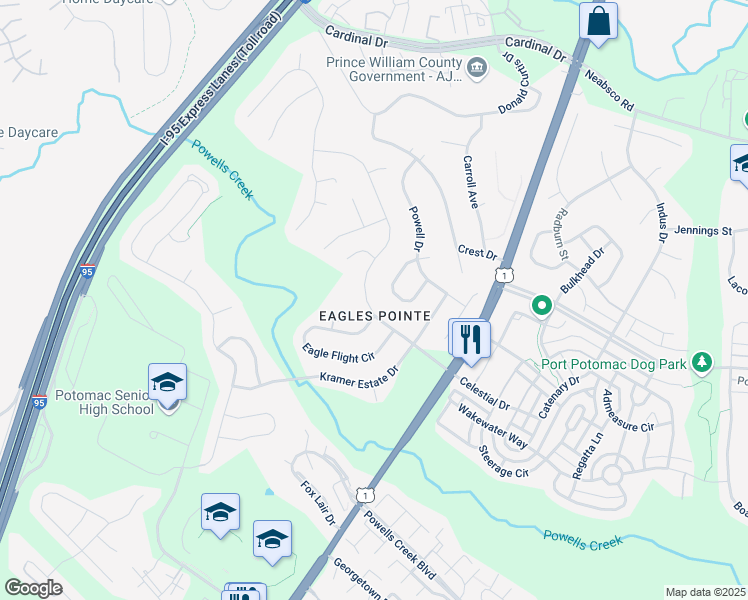 map of restaurants, bars, coffee shops, grocery stores, and more near 16155-16169 Eagle Beak Circle in Woodbridge
