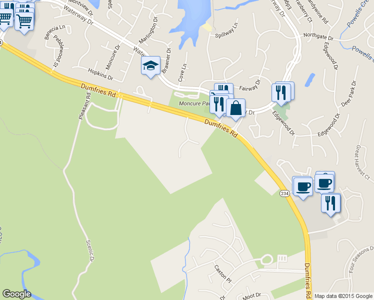map of restaurants, bars, coffee shops, grocery stores, and more near 16144 Dumfries Road in Dumfries