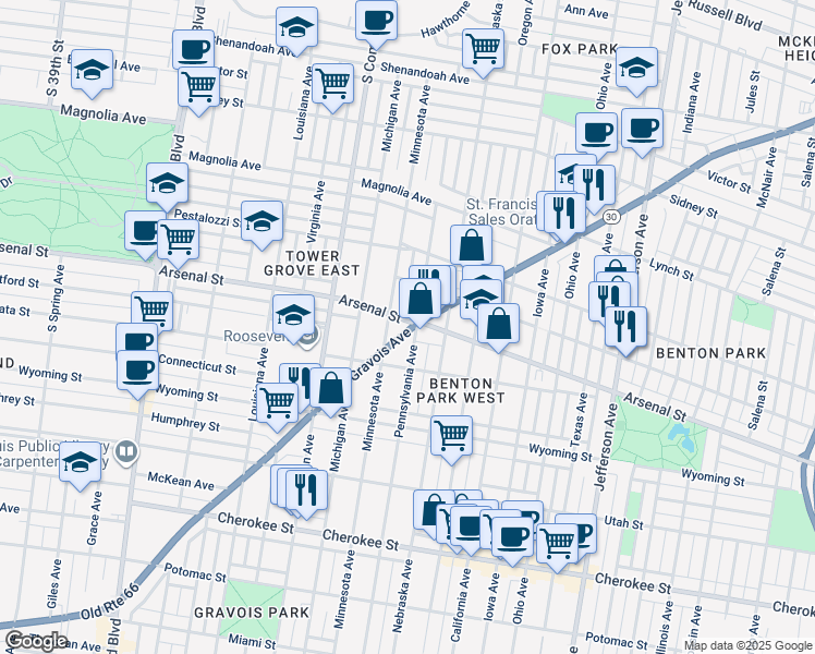 map of restaurants, bars, coffee shops, grocery stores, and more near 3019-3021 Gravois Avenue in St. Louis