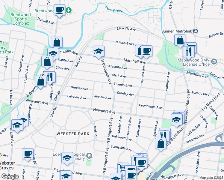 map of restaurants, bars, coffee shops, grocery stores, and more near 625 North Bompart Avenue in Webster Groves