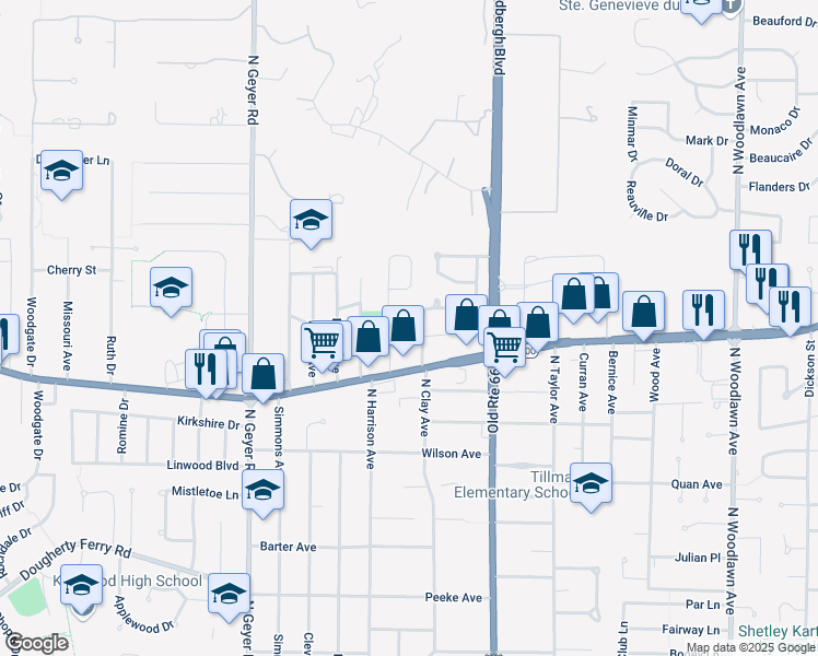 map of restaurants, bars, coffee shops, grocery stores, and more near 212 Avery Drive in Kirkwood