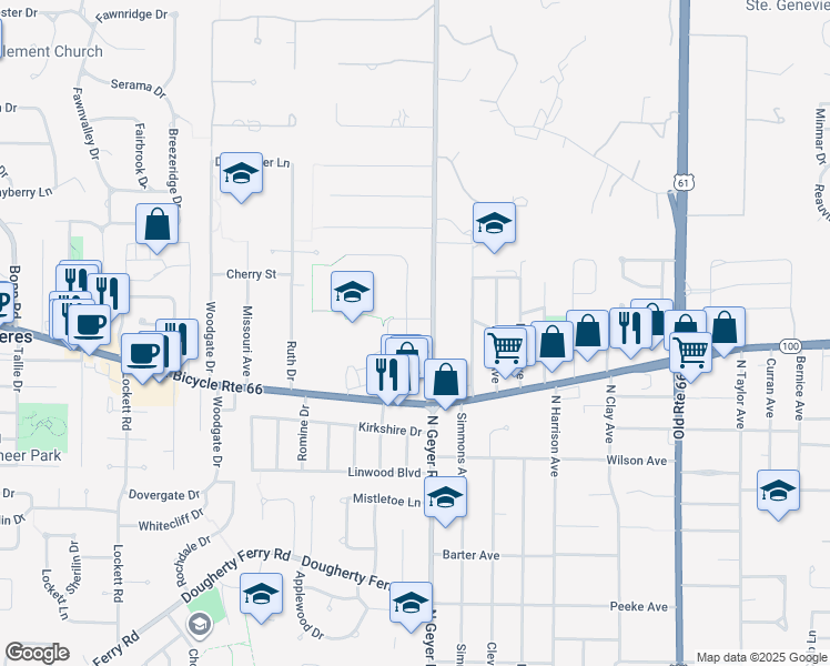 map of restaurants, bars, coffee shops, grocery stores, and more near 1211 Laven Del Lane in Kirkwood