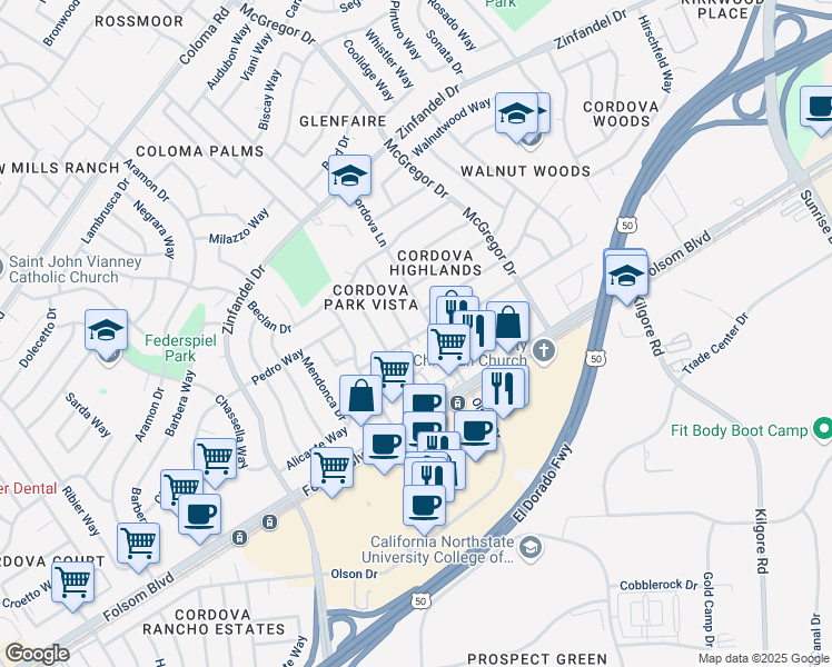 map of restaurants, bars, coffee shops, grocery stores, and more near 10731 Le Ann Drive in Rancho Cordova